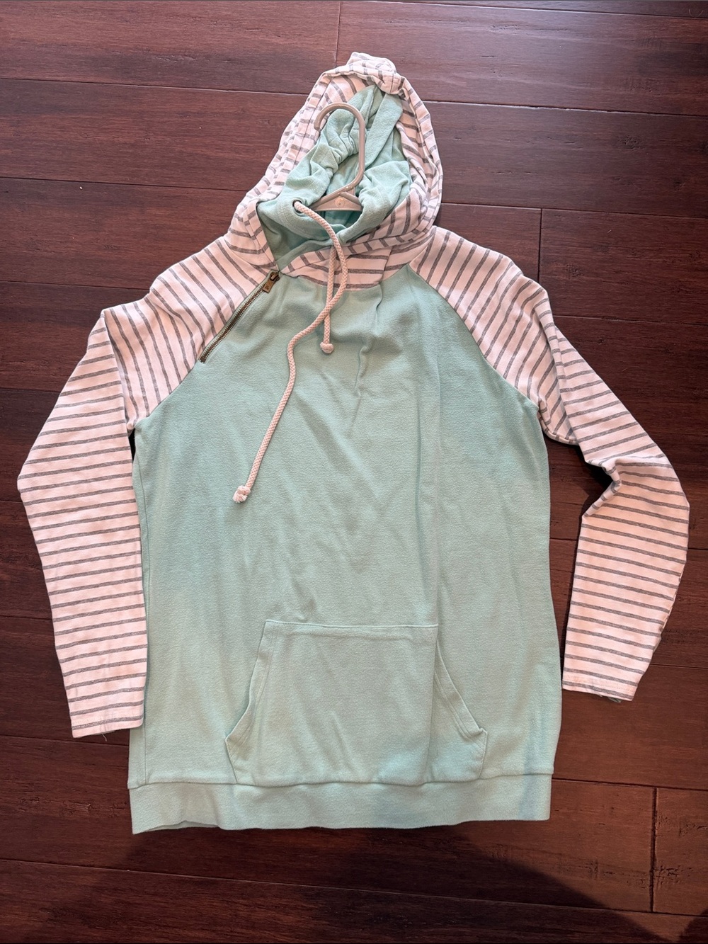 Women's Mint Green Double Hoodie Sweatshirt with Striped Sleeves
